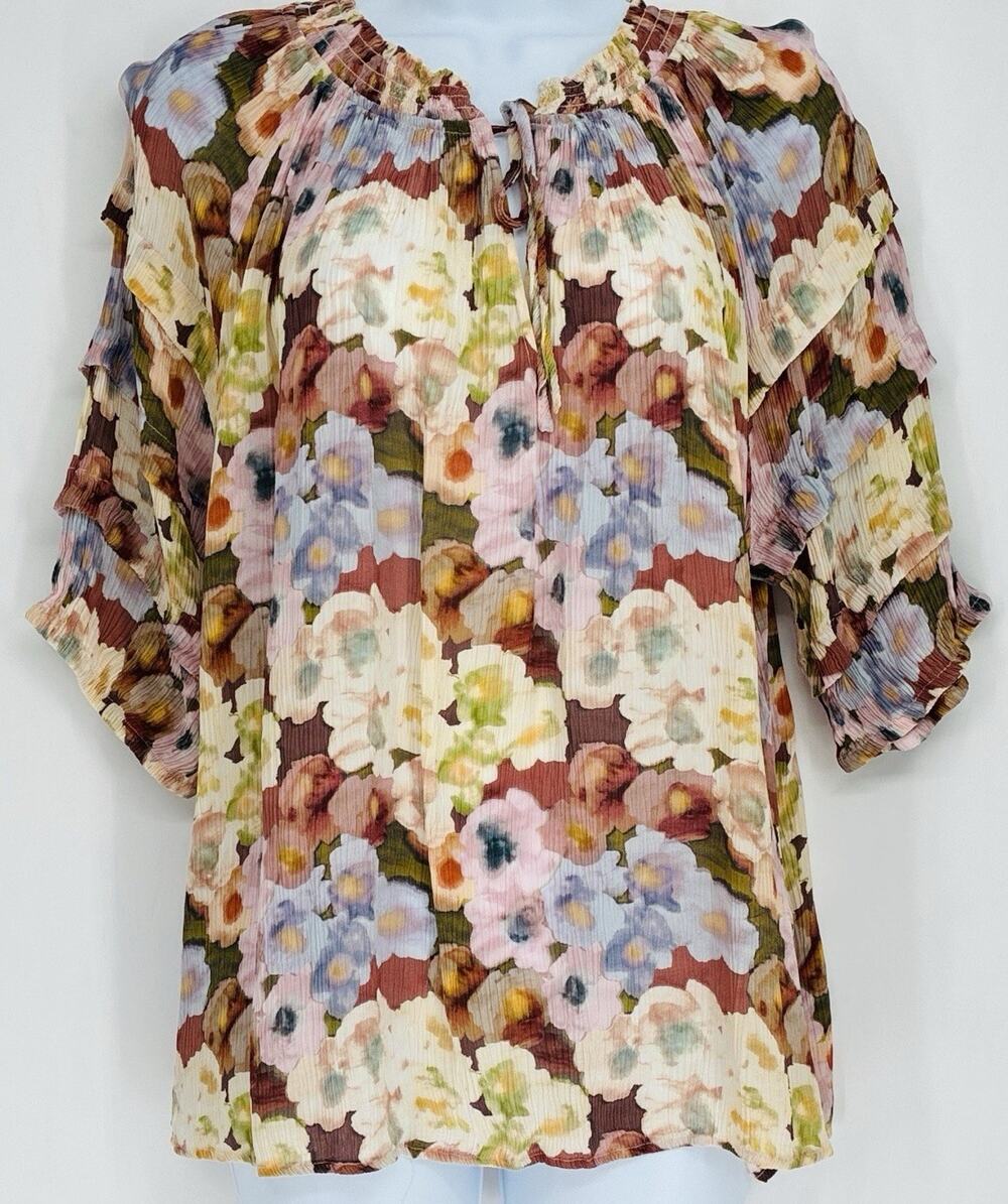 Rails Paris Painted Floral Blouse XL Ruffle Sleeve Plissé Viscose Boho Romantic